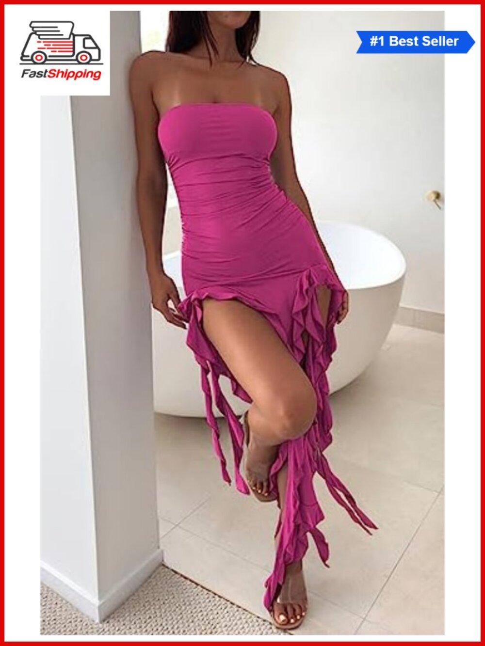 ✨ Strapless Ruffle Bodycon Maxi Dress Tube Top Ruched Split Thigh Club Party - Picture 3 of 6